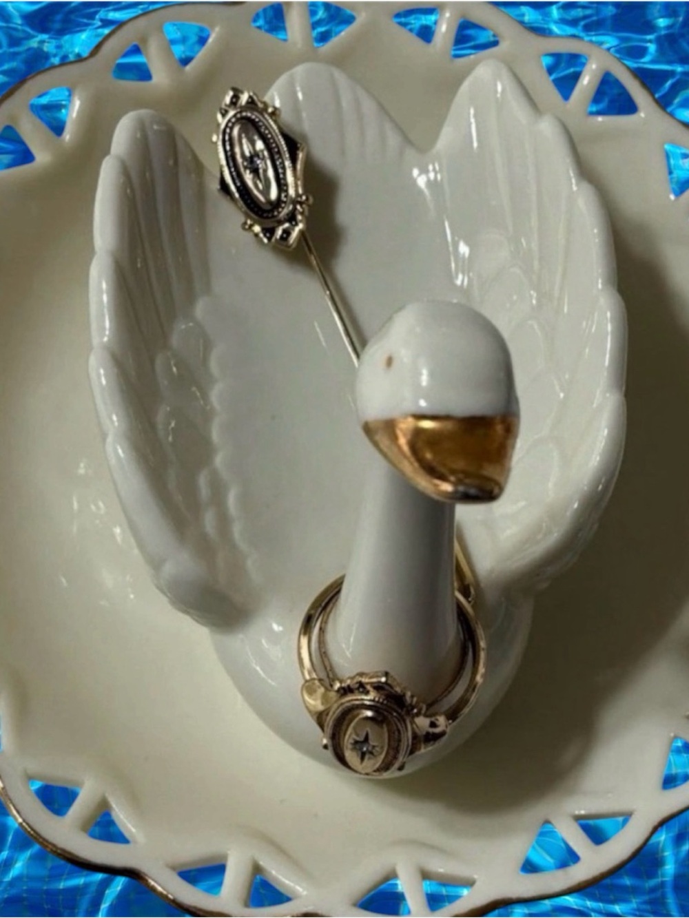 TRIO Avon-Kensington Victorian Revival Ring & Pin + Porcelain Swan Jewelry Dish